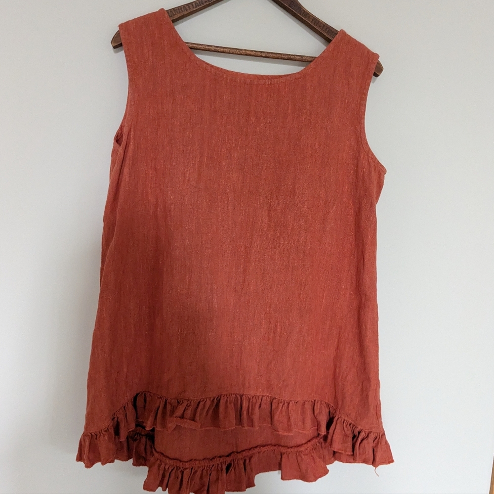 Bryn Walker EUC Rust Orange Pumpkin Lagenlook Linen Tank Ruffle Edge Size Small - Picture 2 of 8